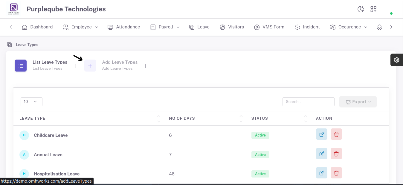 Add Leave Types tab highlighted on the Leave Types page